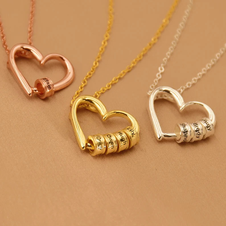 Mom Heart Necklace with Engraved Kids Names